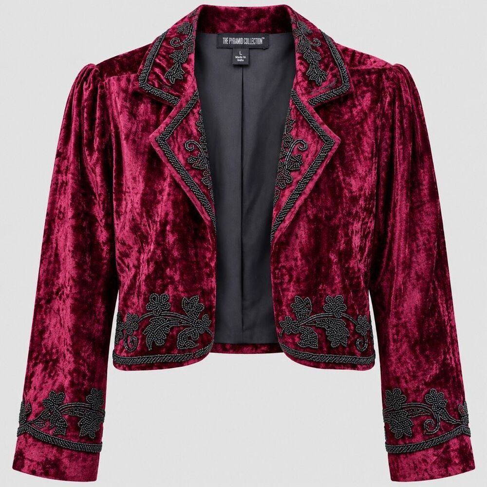 The Pyramid Collection Beaded Crushed Velvet Bolero Burgundy Women’s LG NEW